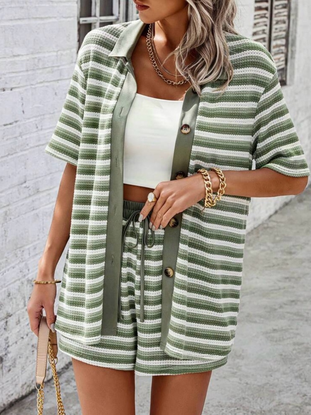 Green and White Striped Knit Short Set